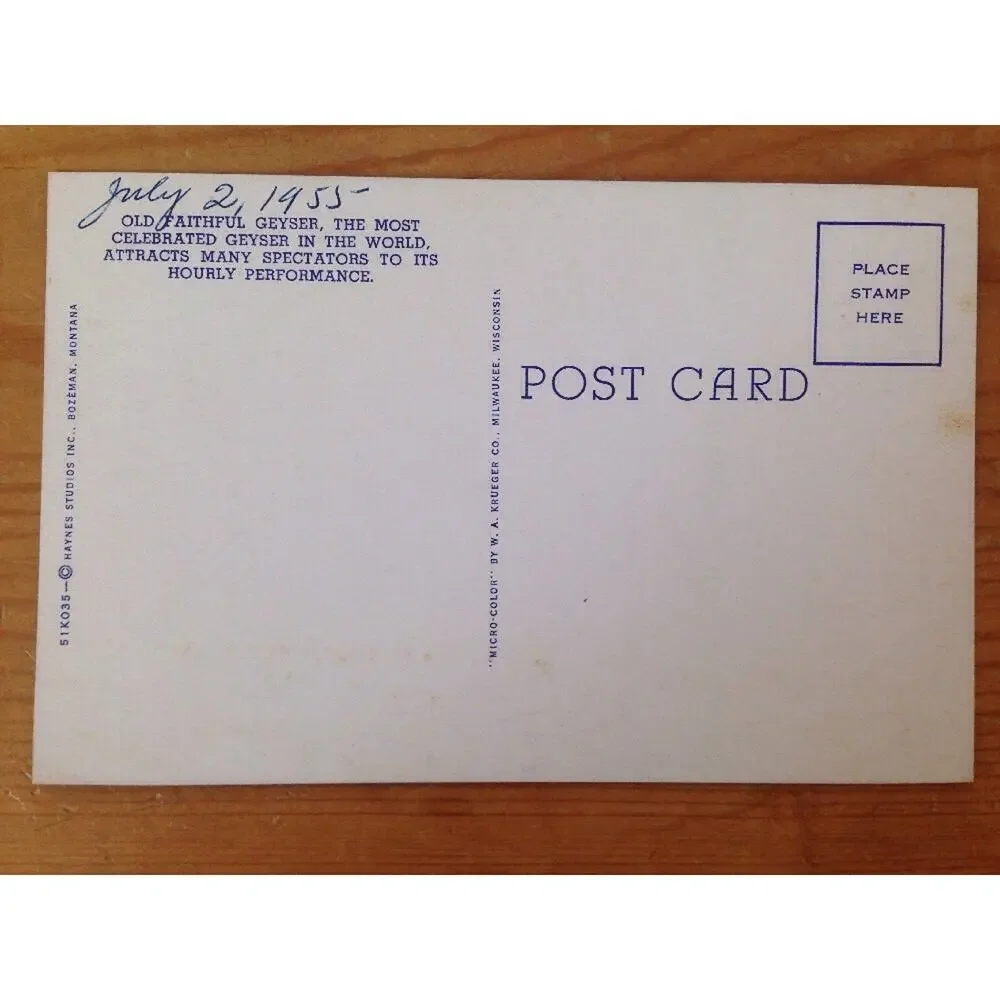 1955 Vintage WA Krueger MicroColor Unposted Postcard Old Faithful Geyser Errupt